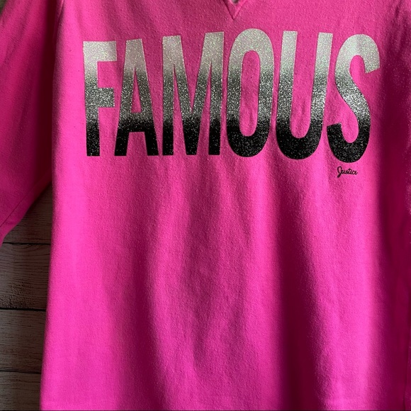 💕Justice sweatshirt Girls Size 18 Neon Pink Sparkle Famous Hooded Long sleeve - Picture 3 of 8